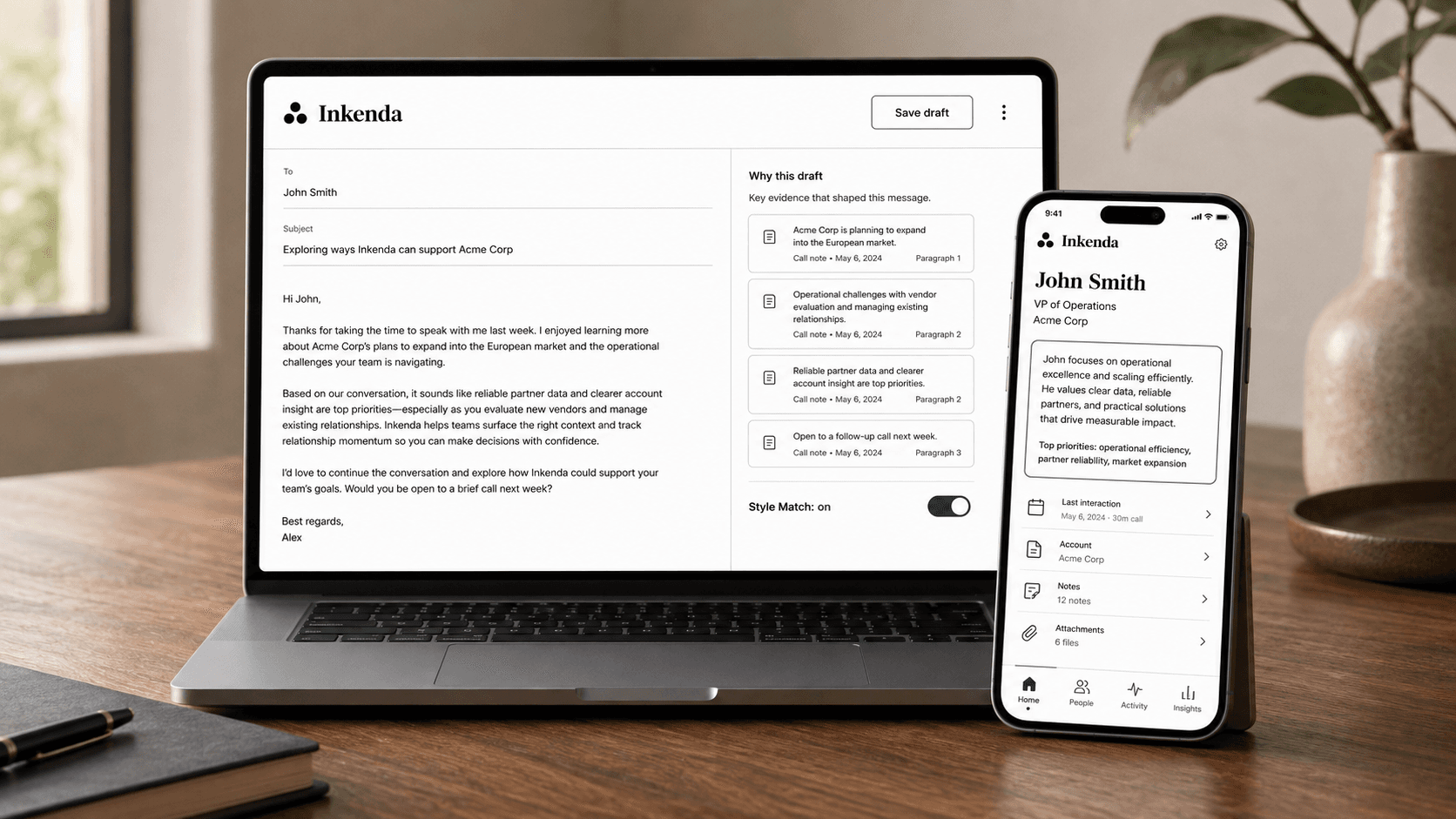 Inkenda open on a laptop and an iPhone: a draft email with a 'why this draft' evidence panel citing the call notes it was grounded in, and the mobile contact profile it was generated from